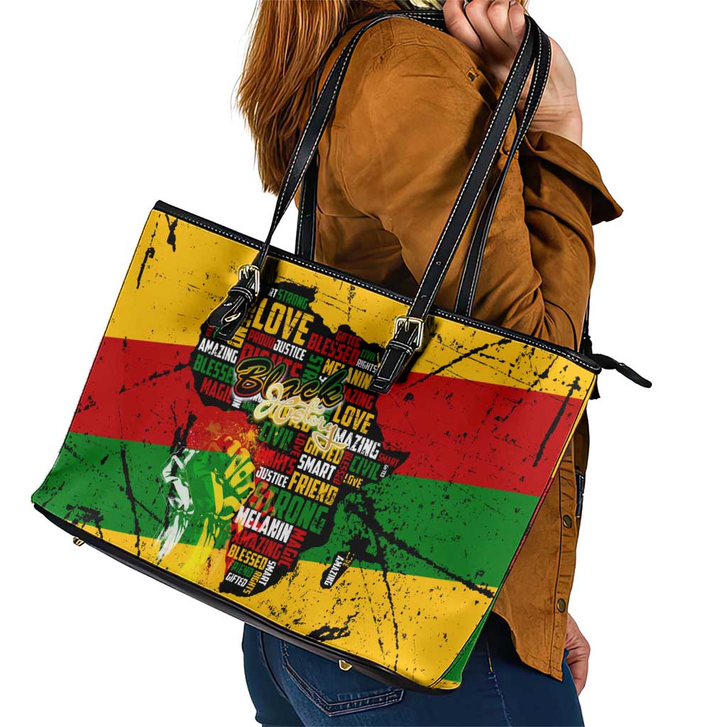 Black History Month Leather Tote Bag Strength Love and Justice Typography