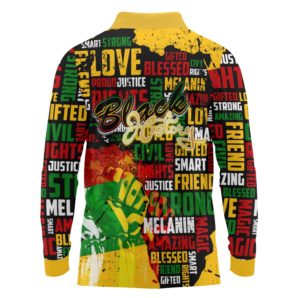 Black History Month Long Sleeve Polo Shirt Strength Love and Justice Typography