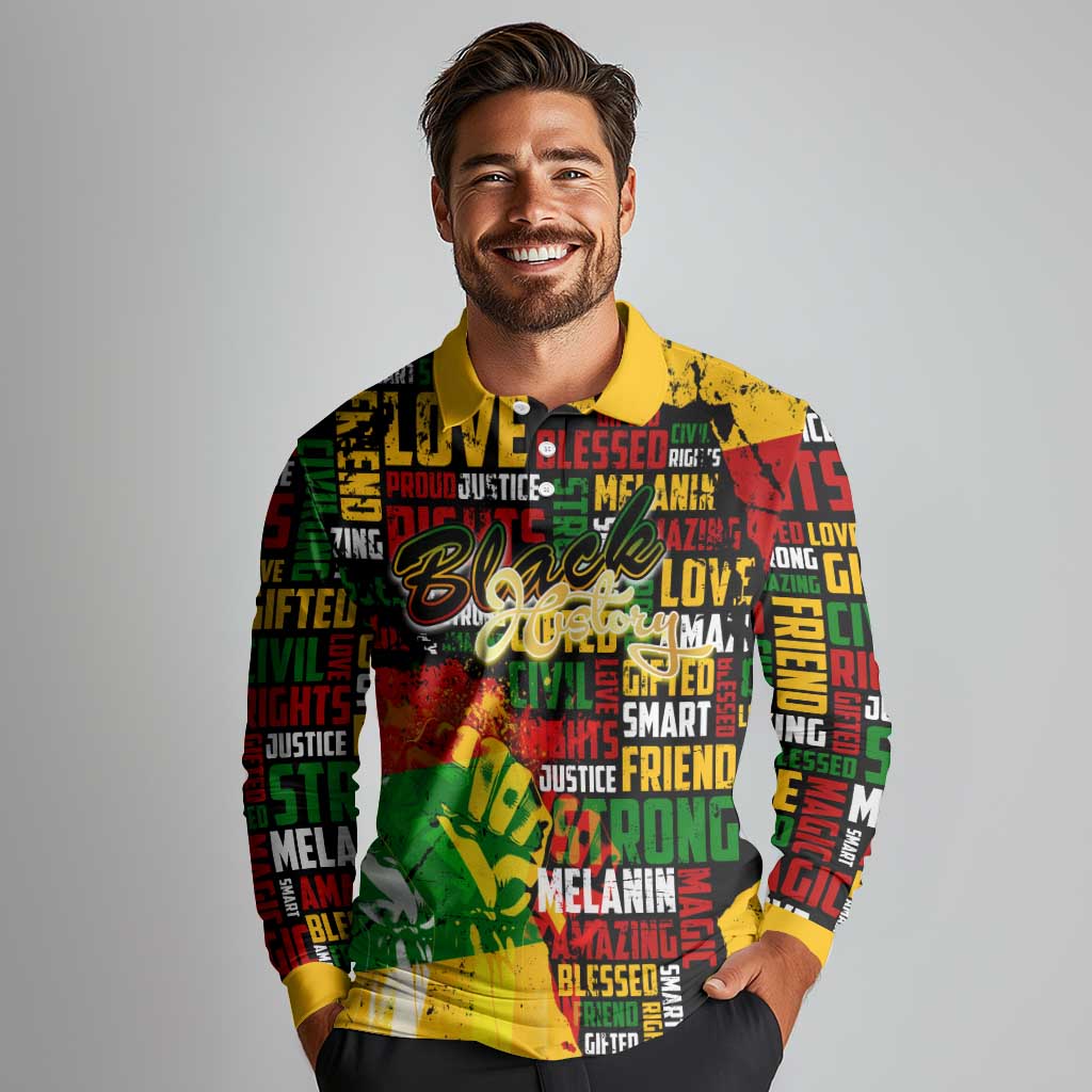 Black History Month Long Sleeve Polo Shirt Strength Love and Justice Typography