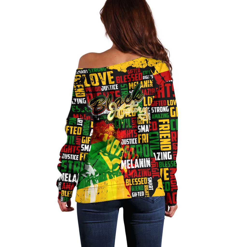 Black History Month Off Shoulder Sweater Strength Love and Justice Typography