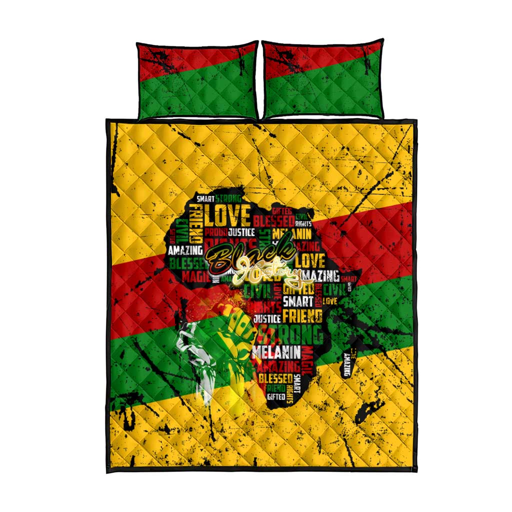 Black History Month Quilt Bed Set Strength Love and Justice Typography