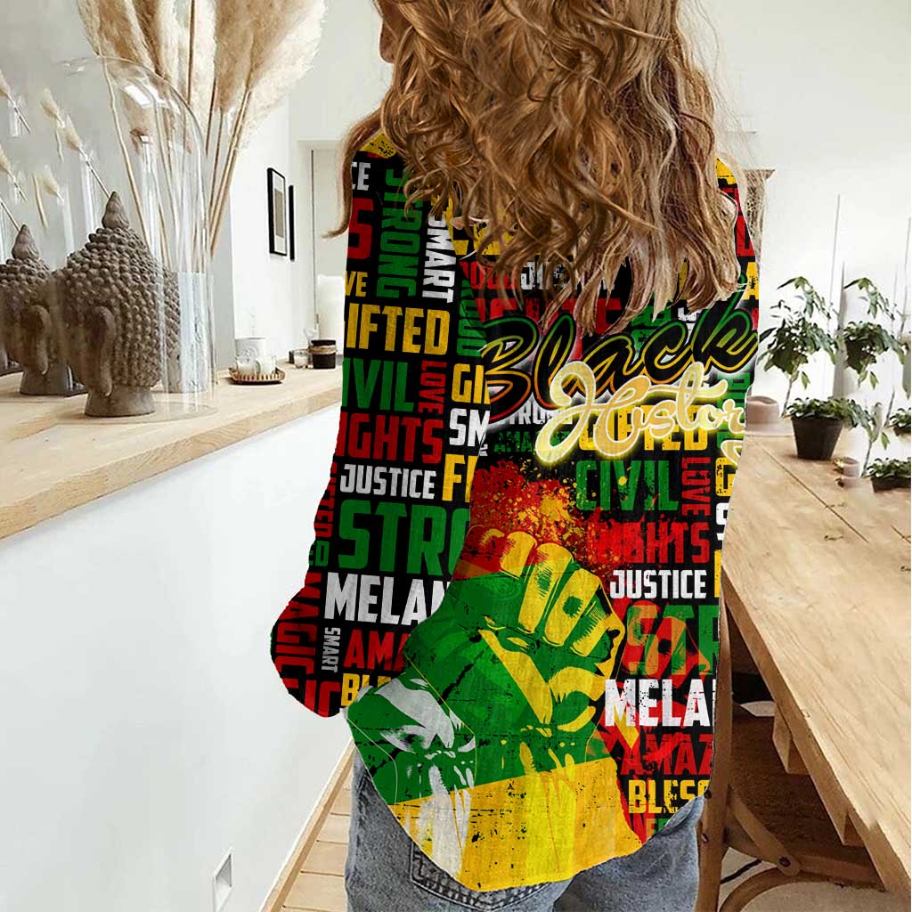 Black History Month Women Casual Shirt Strength Love and Justice Typography