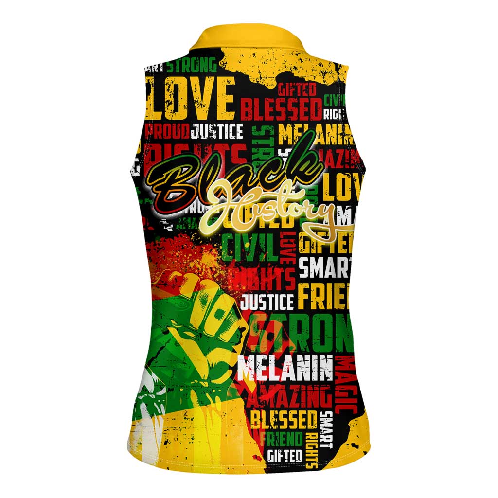 Black History Month Women Sleeveless Polo Shirt Strength Love and Justice Typography