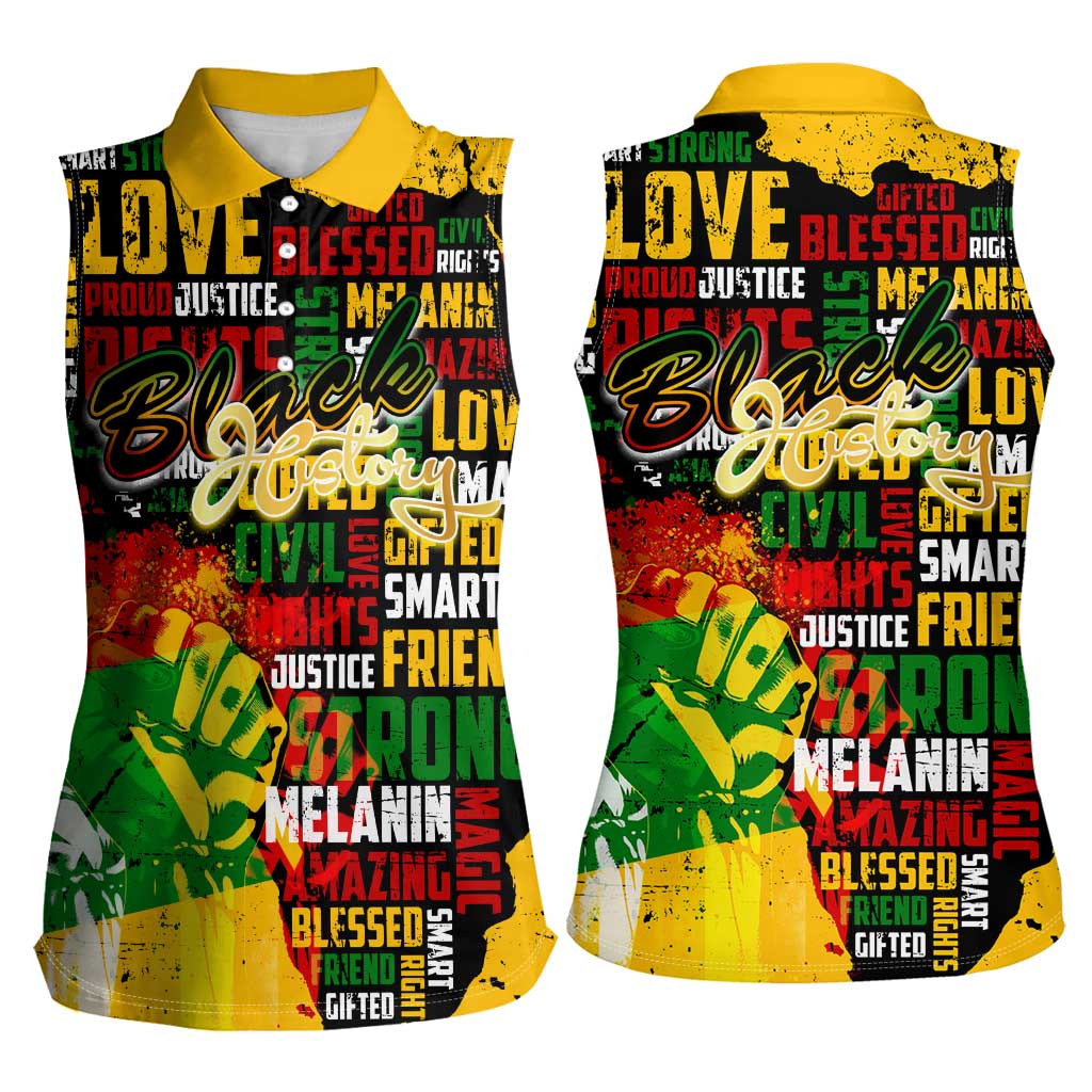 Black History Month Women Sleeveless Polo Shirt Strength Love and Justice Typography