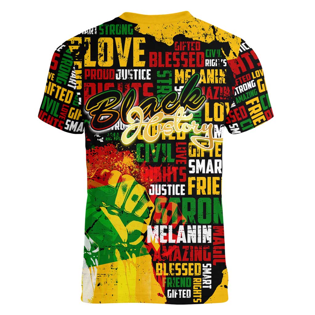 Black History Month Women V-Neck T-Shirt Strength Love and Justice Typography