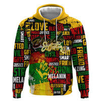 Black History Month Zip Hoodie Strength Love and Justice Typography