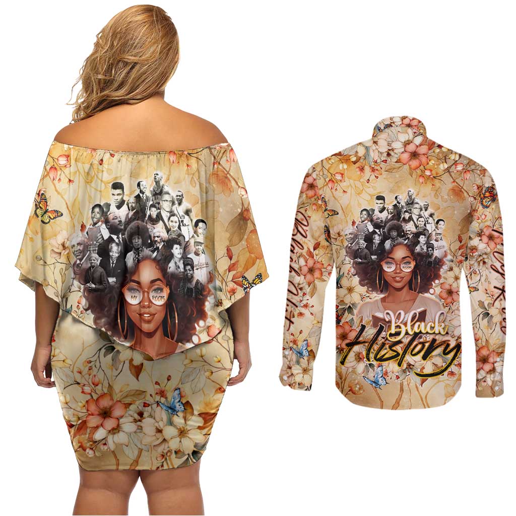 Black History My Roots Couples Matching Off Shoulder Short Dress and Long Sleeve Button Shirt Civil Rights Leaders African Women