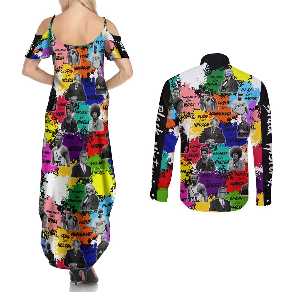 Black History Month Couples Matching Summer Maxi Dress and Long Sleeve Button Shirt African American Paint Splashes
