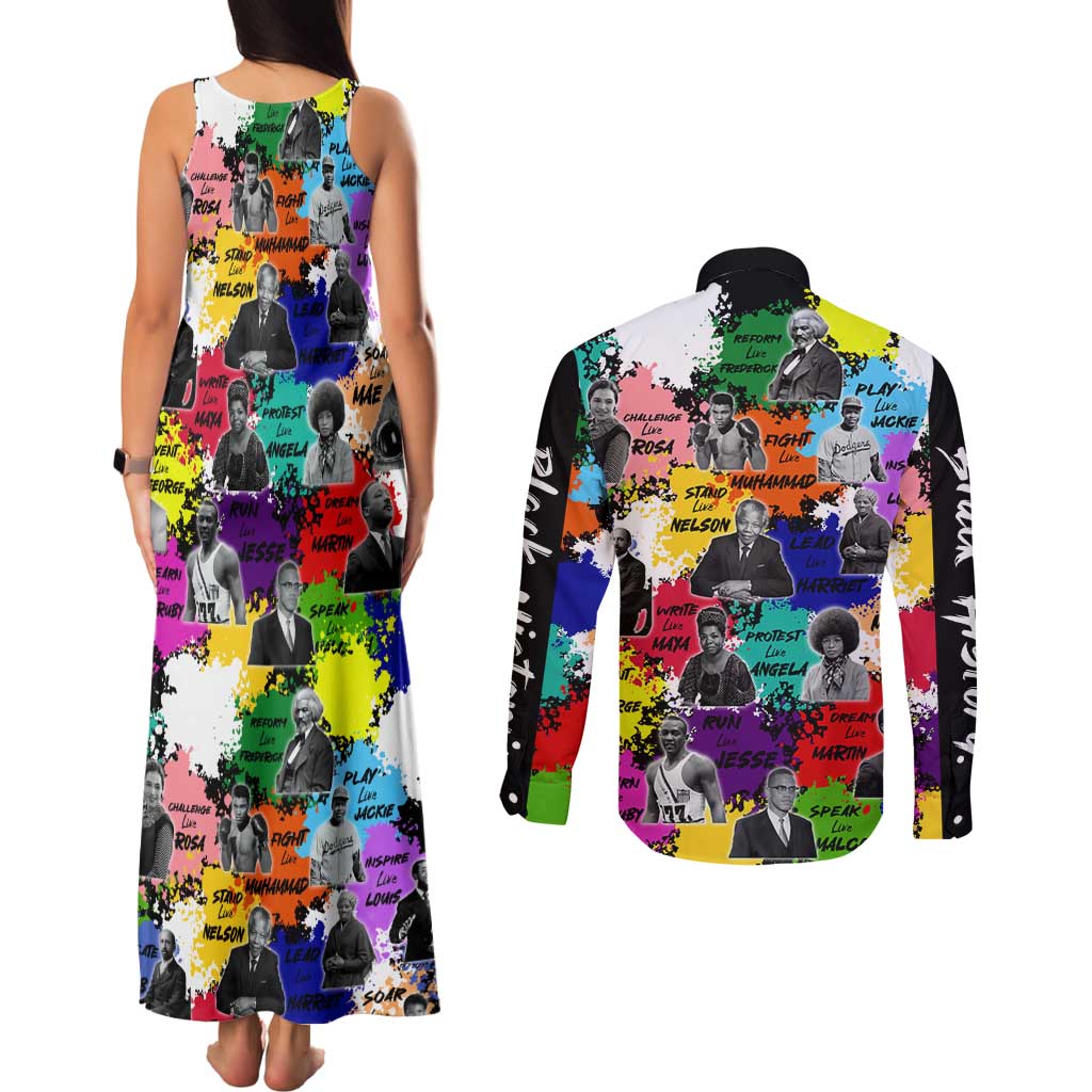 Black History Month Couples Matching Tank Maxi Dress and Long Sleeve Button Shirt African American Paint Splashes