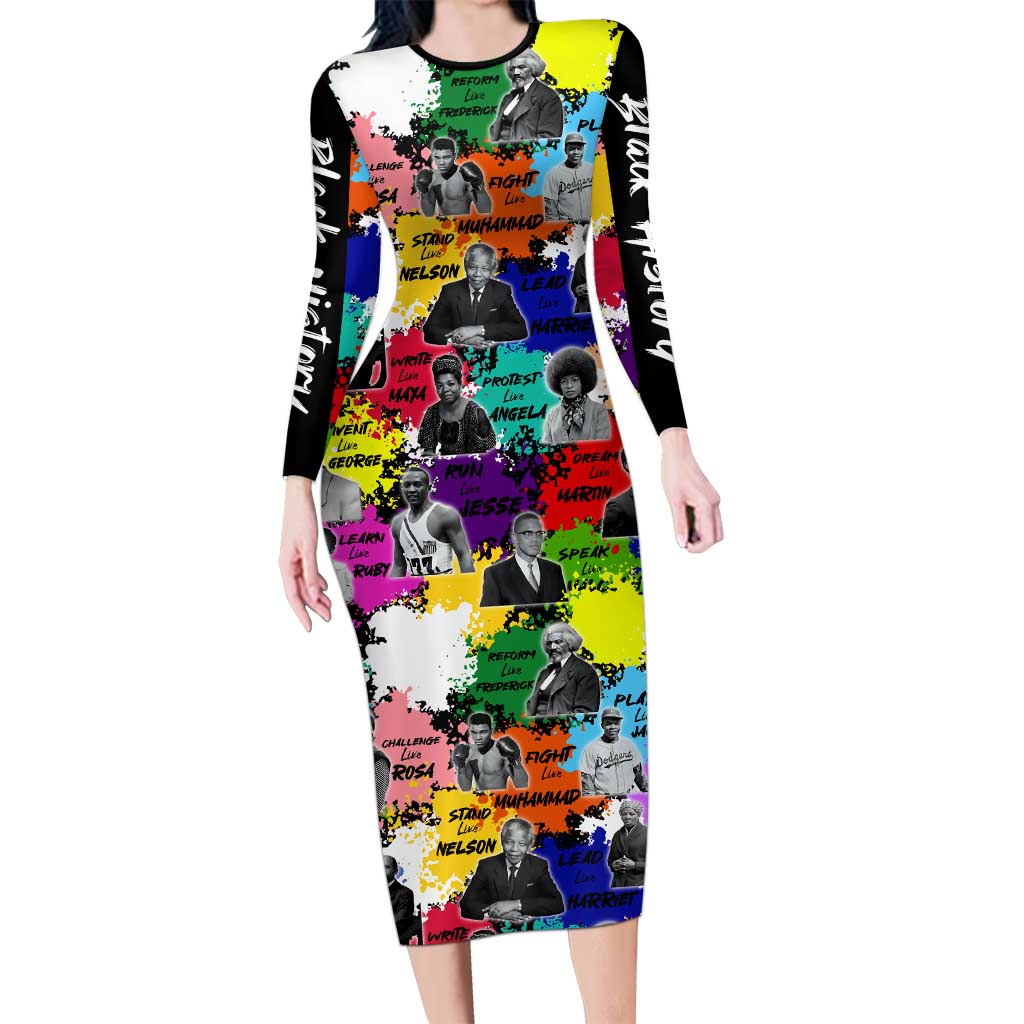 Black History Month Long Sleeve Bodycon Dress African American Paint Splashes