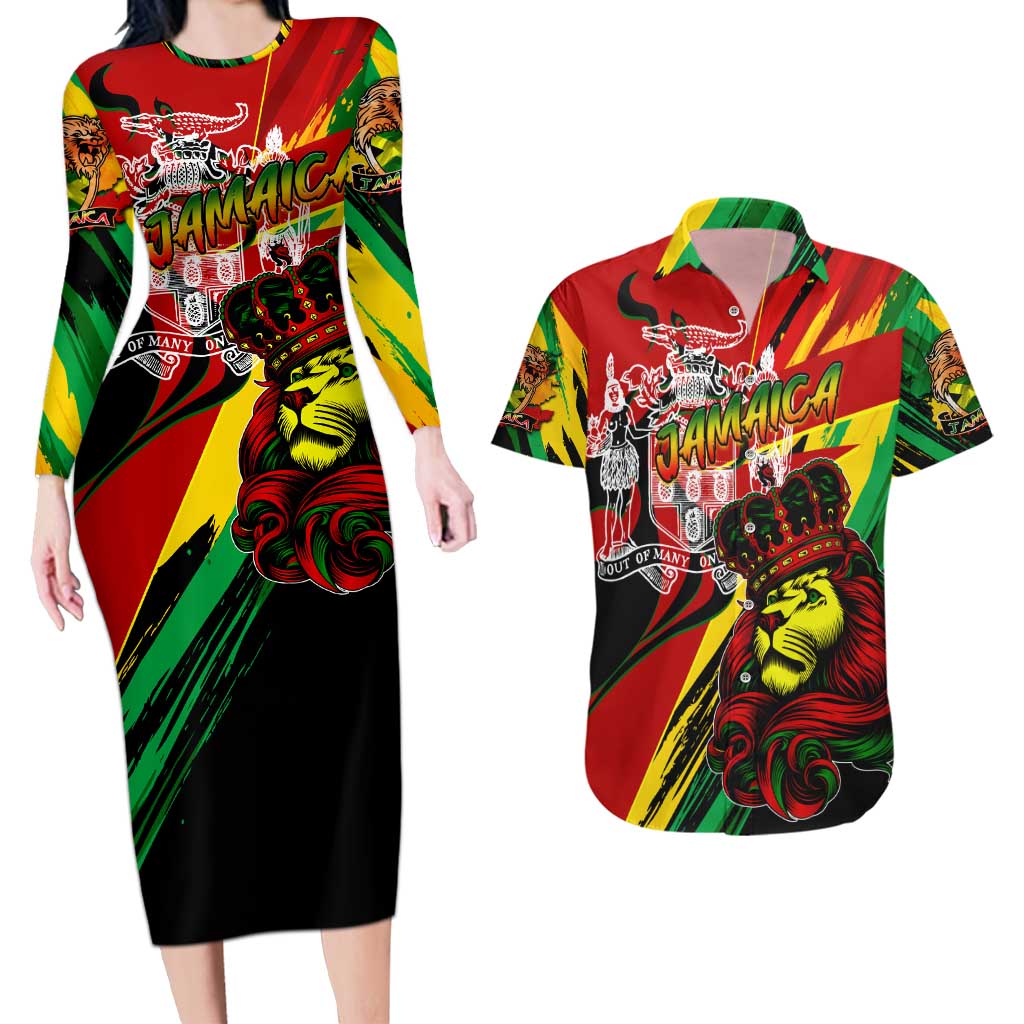 Jamaica Lion Couples Matching Long Sleeve Bodycon Dress and Hawaiian Shirt Coat Of Arms Rastafarianism
