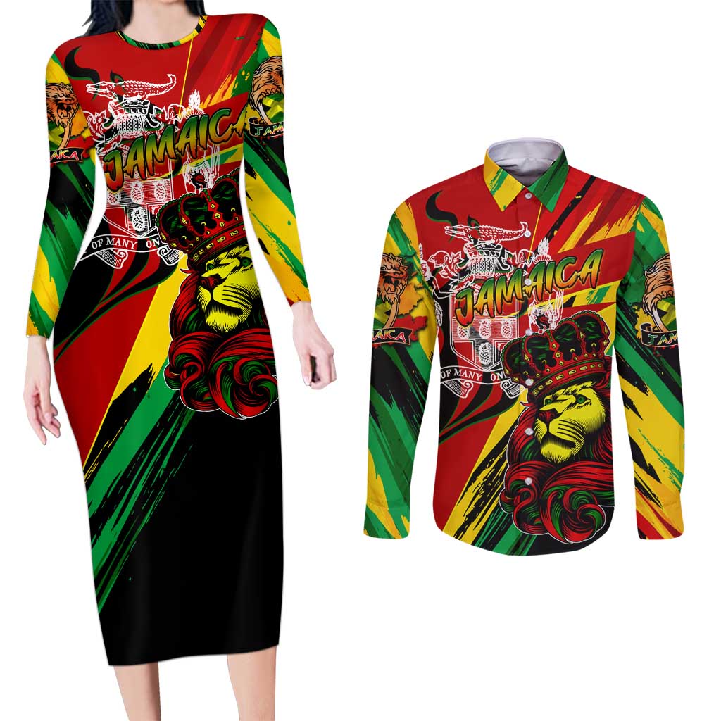 Jamaica Lion Couples Matching Long Sleeve Bodycon Dress and Long Sleeve Button Shirt Coat Of Arms Rastafarianism