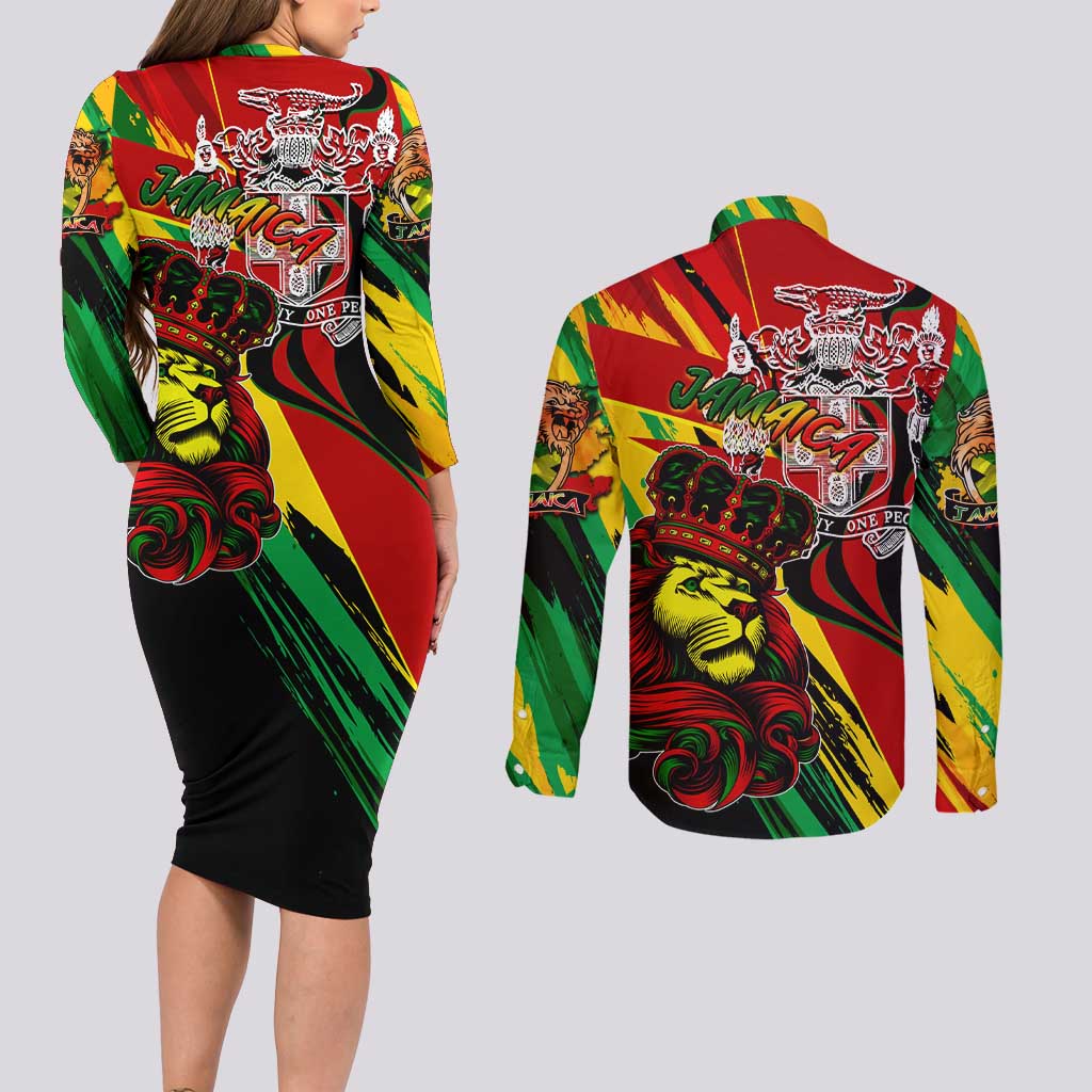 Jamaica Lion Couples Matching Long Sleeve Bodycon Dress and Long Sleeve Button Shirt Coat Of Arms Rastafarianism