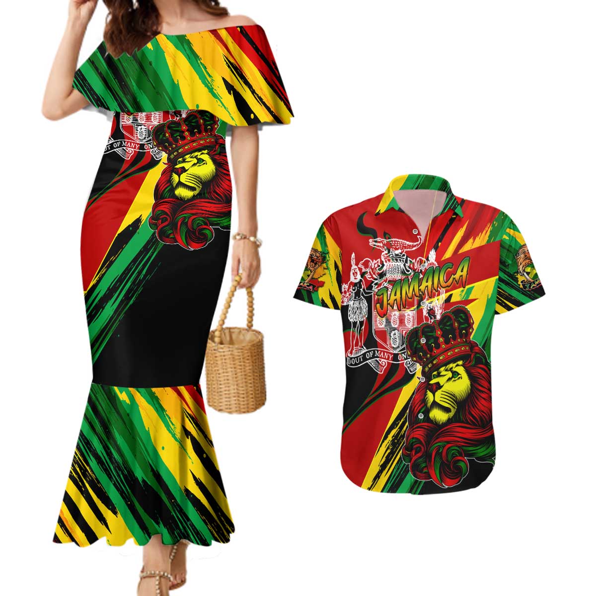 Jamaica Lion Couples Matching Mermaid Dress and Hawaiian Shirt Coat Of Arms Rastafarianism