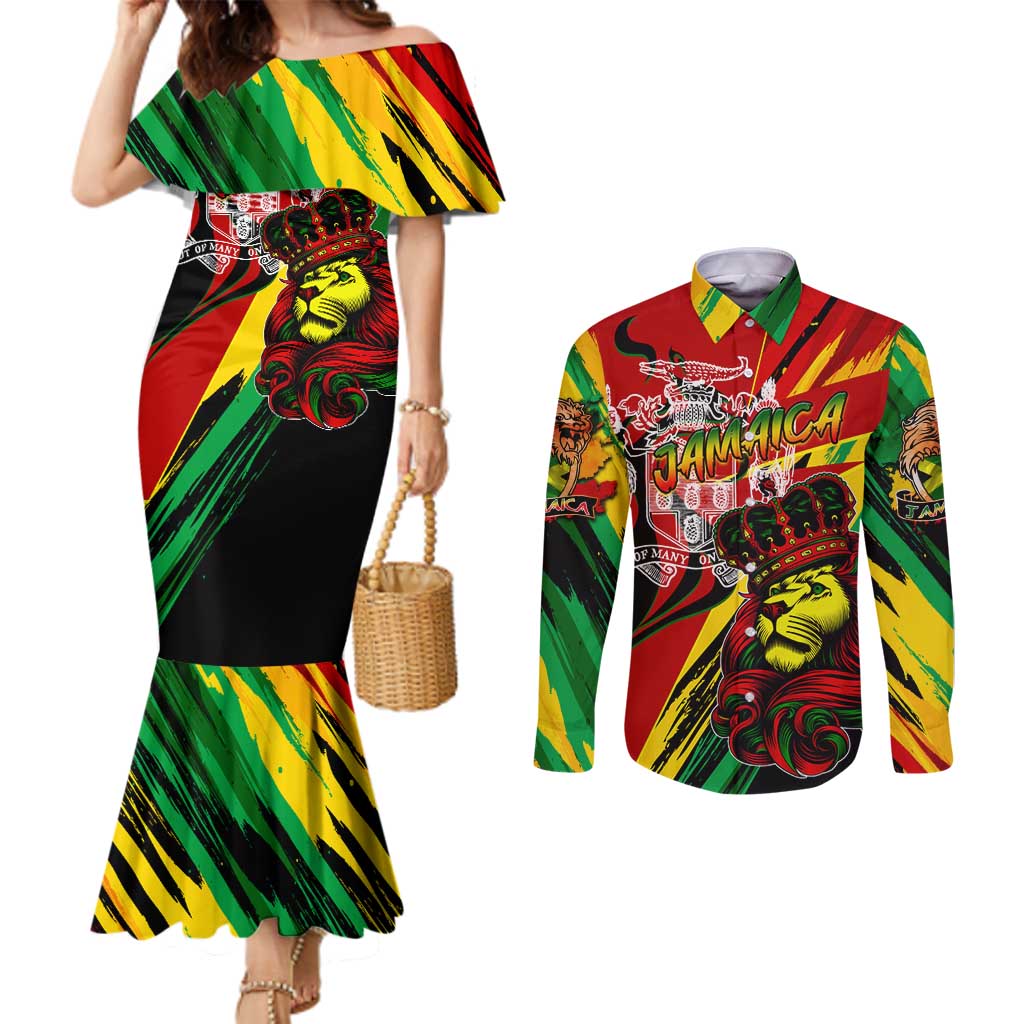 Jamaica Lion Couples Matching Mermaid Dress and Long Sleeve Button Shirt Coat Of Arms Rastafarianism