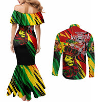Jamaica Lion Couples Matching Mermaid Dress and Long Sleeve Button Shirt Coat Of Arms Rastafarianism