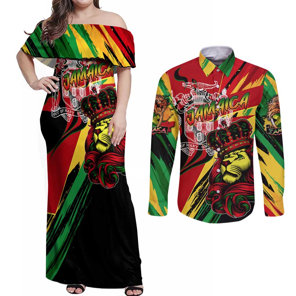 Jamaica Lion Couples Matching Off Shoulder Maxi Dress and Long Sleeve Button Shirt Coat Of Arms Rastafarianism