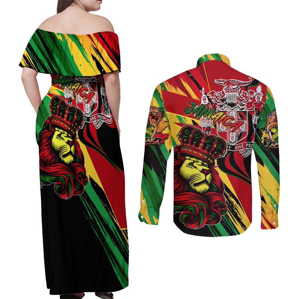 Jamaica Lion Couples Matching Off Shoulder Maxi Dress and Long Sleeve Button Shirt Coat Of Arms Rastafarianism