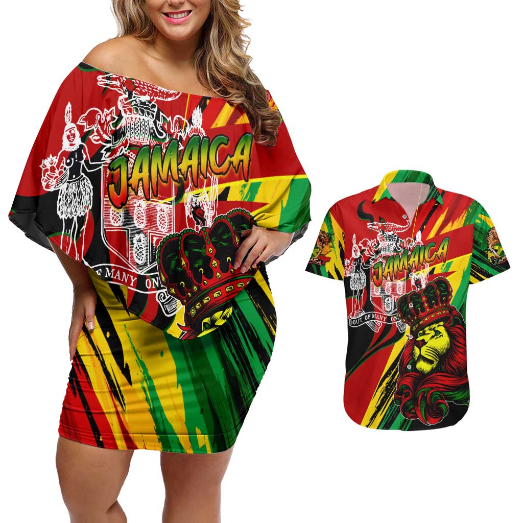 Jamaica Lion Couples Matching Off Shoulder Short Dress and Hawaiian Shirt Coat Of Arms Rastafarianism