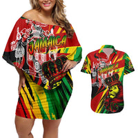 Jamaica Lion Couples Matching Off Shoulder Short Dress and Hawaiian Shirt Coat Of Arms Rastafarianism