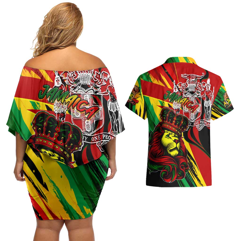 Jamaica Lion Couples Matching Off Shoulder Short Dress and Hawaiian Shirt Coat Of Arms Rastafarianism