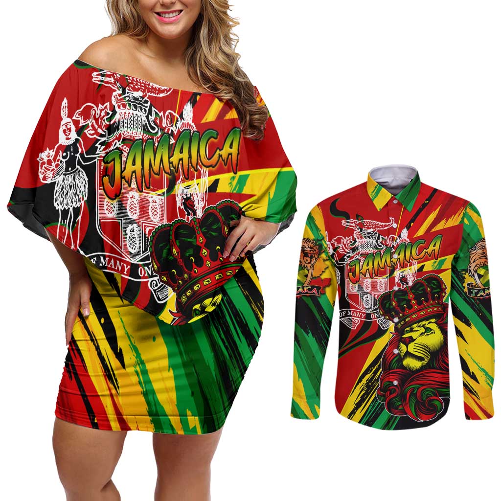 Jamaica Lion Couples Matching Off Shoulder Short Dress and Long Sleeve Button Shirt Coat Of Arms Rastafarianism