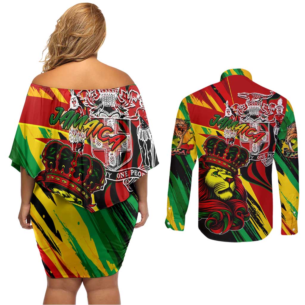 Jamaica Lion Couples Matching Off Shoulder Short Dress and Long Sleeve Button Shirt Coat Of Arms Rastafarianism