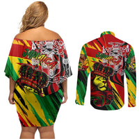 Jamaica Lion Couples Matching Off Shoulder Short Dress and Long Sleeve Button Shirt Coat Of Arms Rastafarianism