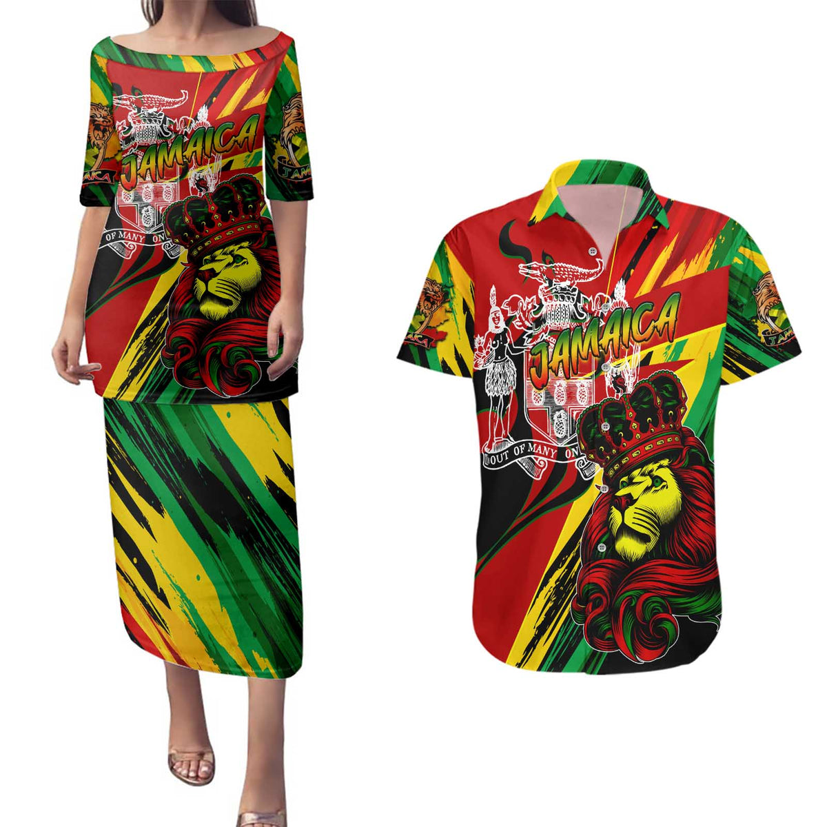 Jamaica Lion Couples Matching Puletasi and Hawaiian Shirt Coat Of Arms Rastafarianism