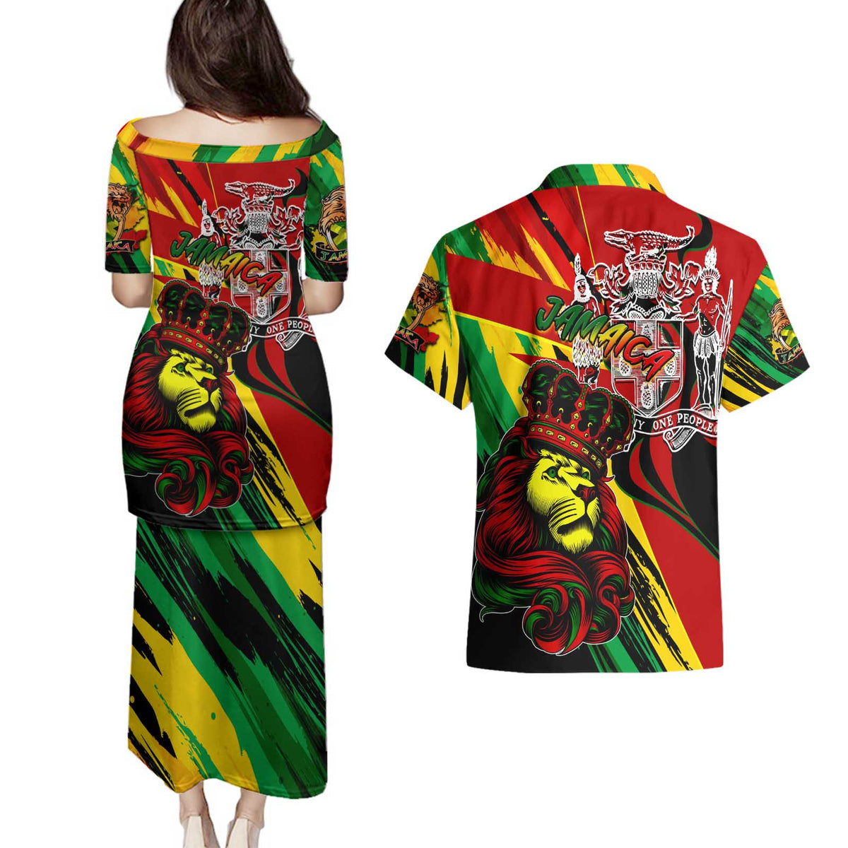 Jamaica Lion Couples Matching Puletasi and Hawaiian Shirt Coat Of Arms Rastafarianism
