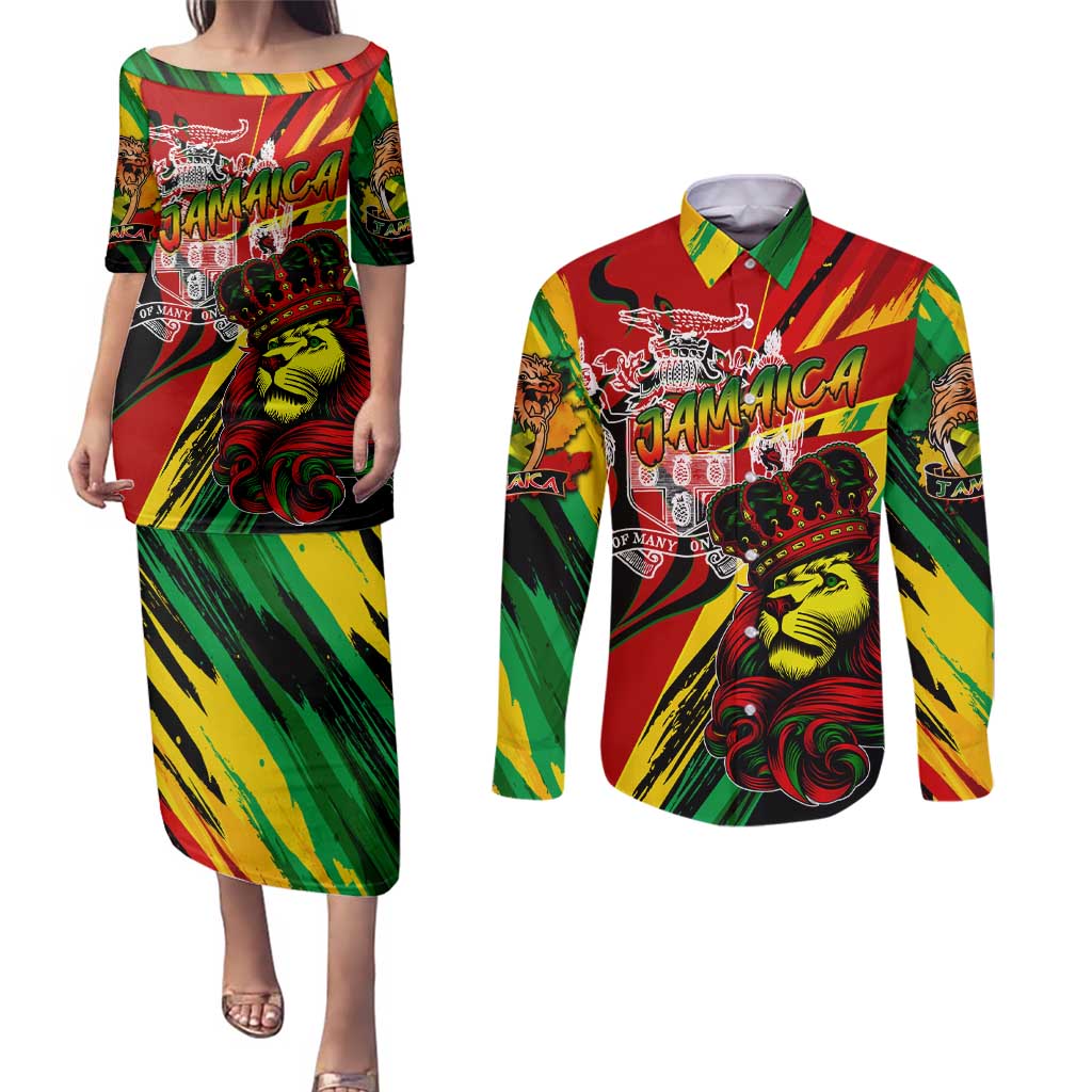 Jamaica Lion Couples Matching Puletasi and Long Sleeve Button Shirt Coat Of Arms Rastafarianism