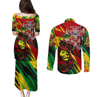 Jamaica Lion Couples Matching Puletasi and Long Sleeve Button Shirt Coat Of Arms Rastafarianism