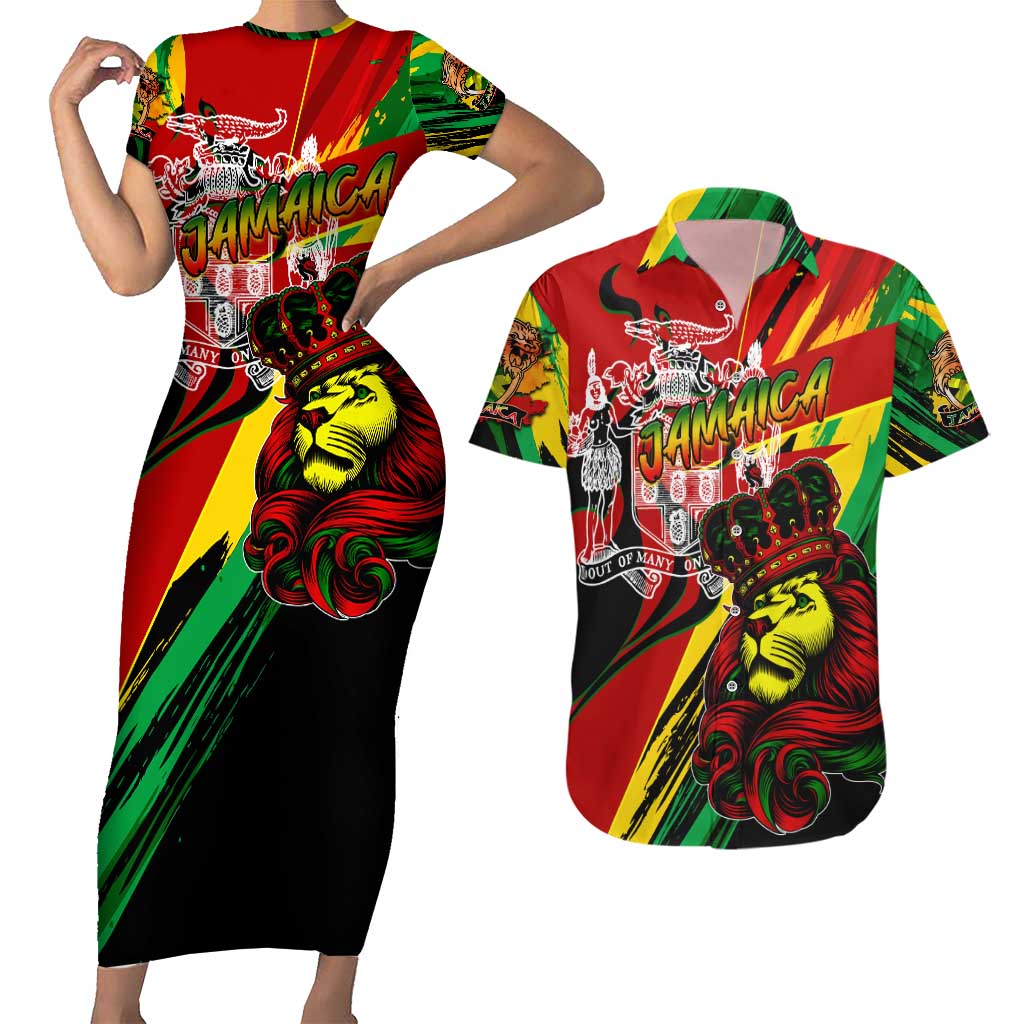 Jamaica Lion Couples Matching Short Sleeve Bodycon Dress and Hawaiian Shirt Coat Of Arms Rastafarianism