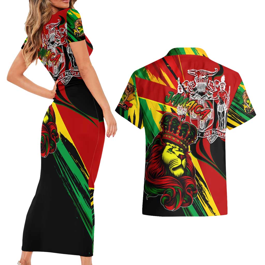 Jamaica Lion Couples Matching Short Sleeve Bodycon Dress and Hawaiian Shirt Coat Of Arms Rastafarianism