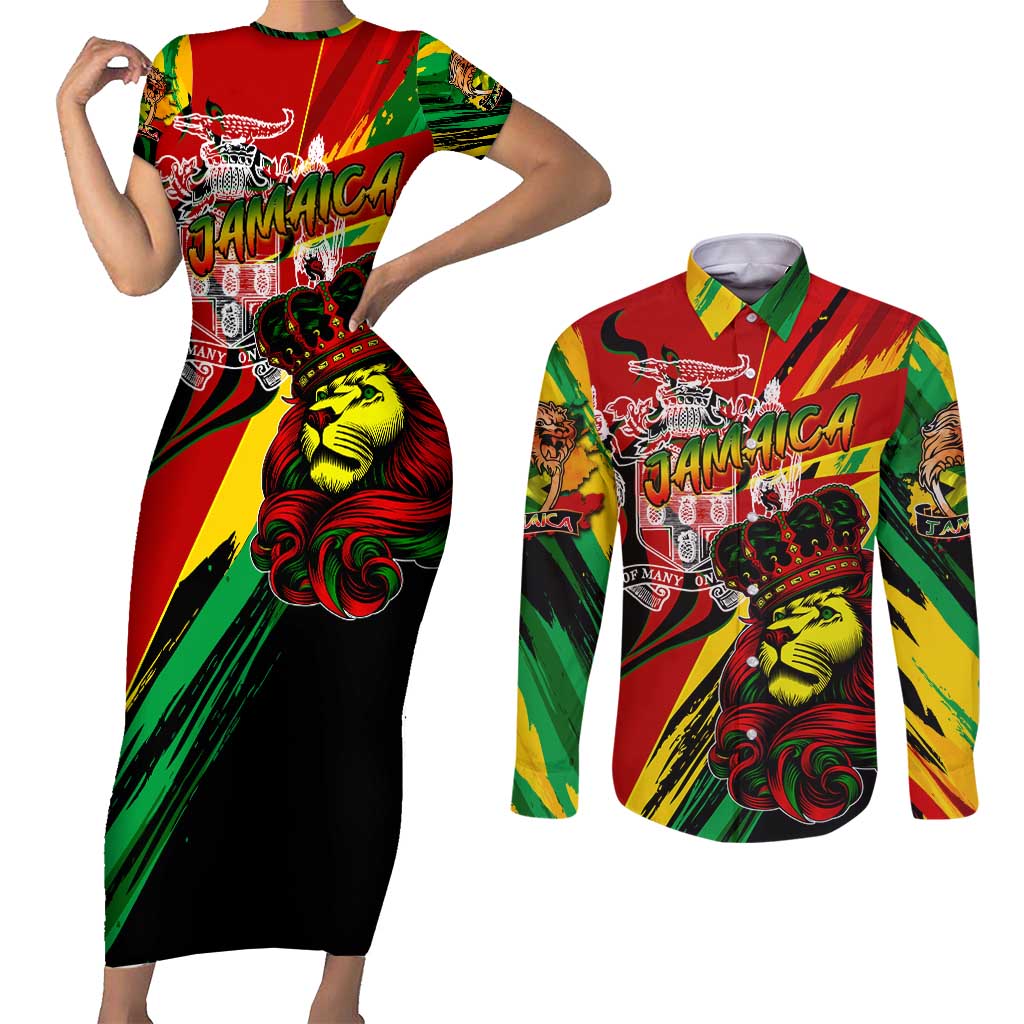 Jamaica Lion Couples Matching Short Sleeve Bodycon Dress and Long Sleeve Button Shirt Coat Of Arms Rastafarianism