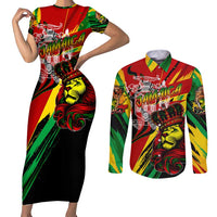 Jamaica Lion Couples Matching Short Sleeve Bodycon Dress and Long Sleeve Button Shirt Coat Of Arms Rastafarianism