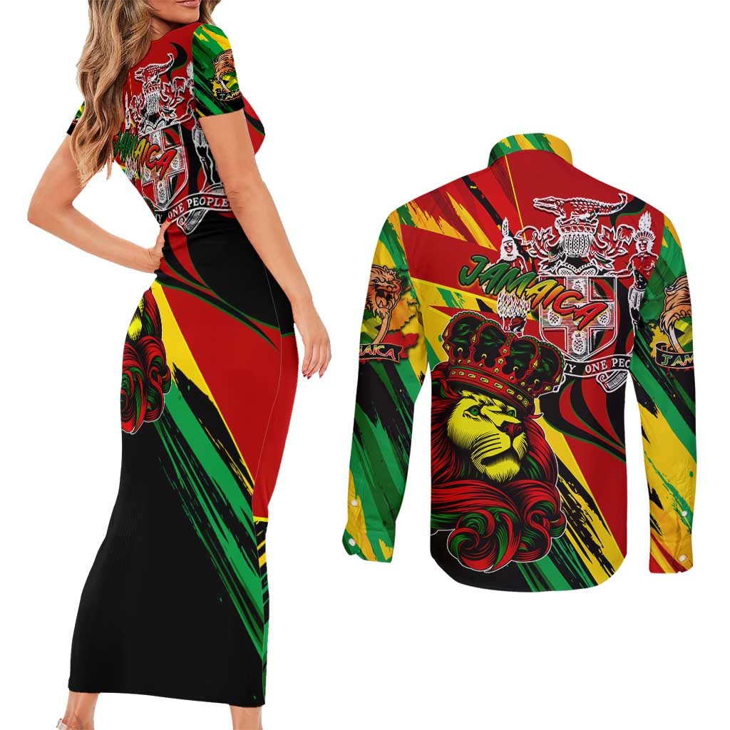 Jamaica Lion Couples Matching Short Sleeve Bodycon Dress and Long Sleeve Button Shirt Coat Of Arms Rastafarianism