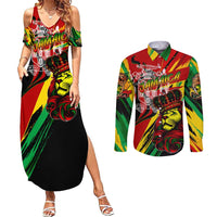 Jamaica Lion Couples Matching Summer Maxi Dress and Long Sleeve Button Shirt Coat Of Arms Rastafarianism