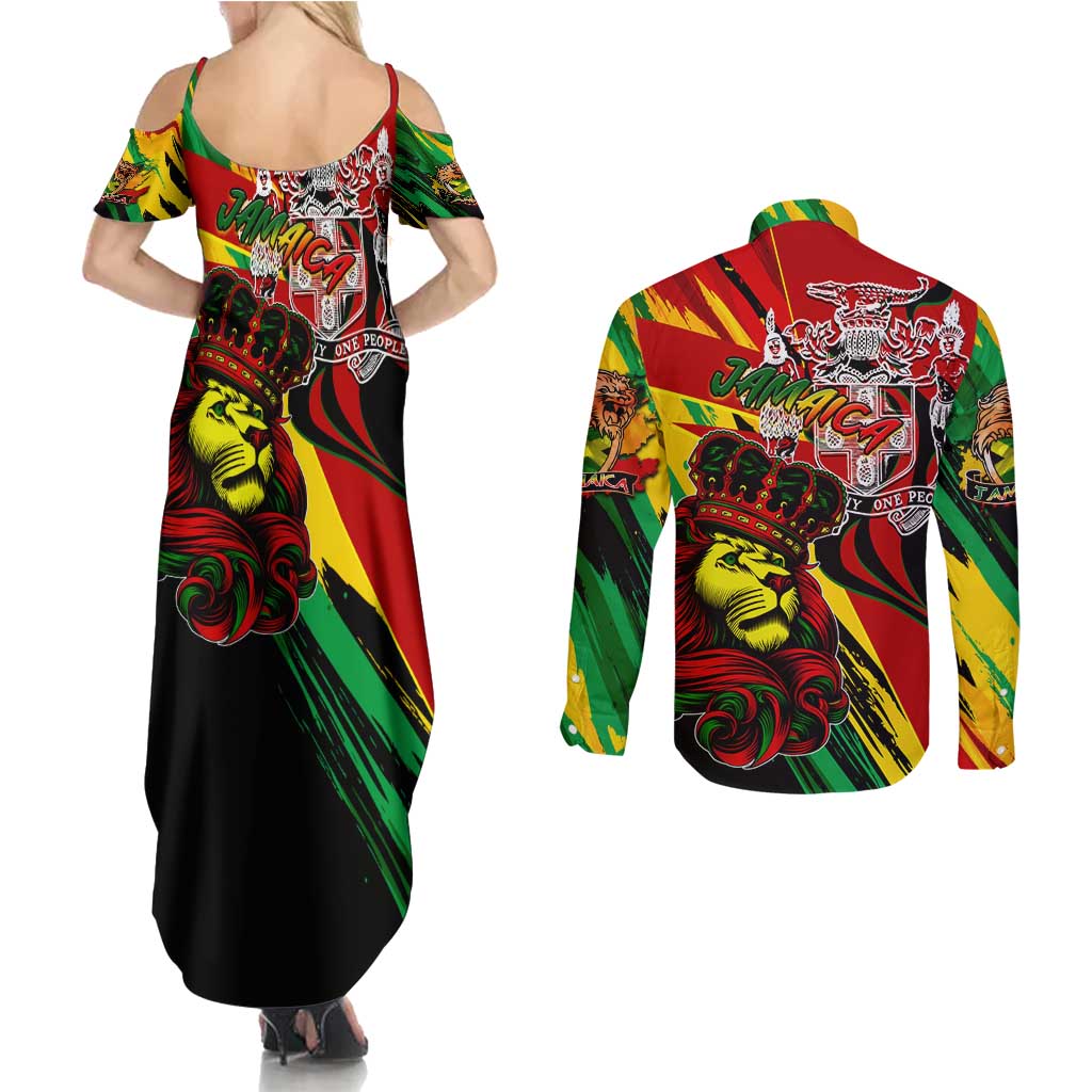 Jamaica Lion Couples Matching Summer Maxi Dress and Long Sleeve Button Shirt Coat Of Arms Rastafarianism