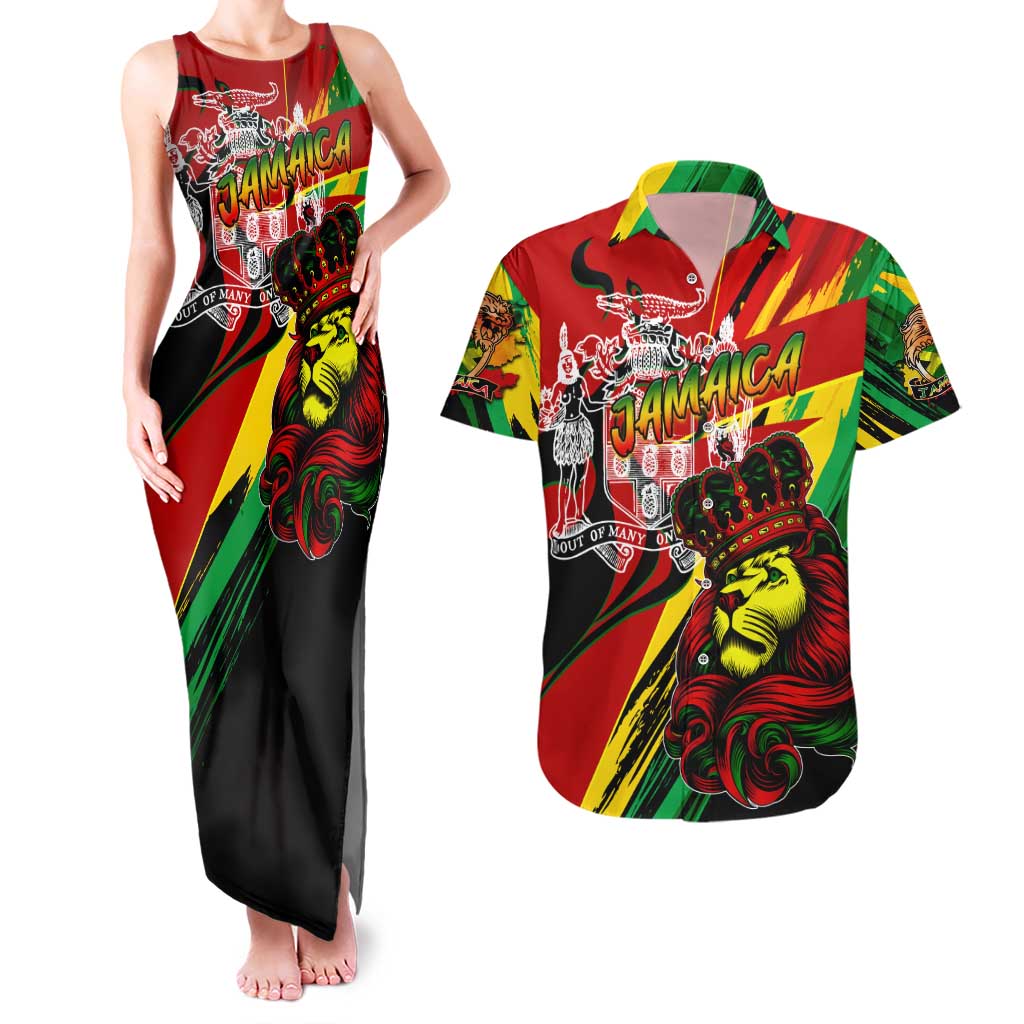 Jamaica Lion Couples Matching Tank Maxi Dress and Hawaiian Shirt Coat Of Arms Rastafarianism