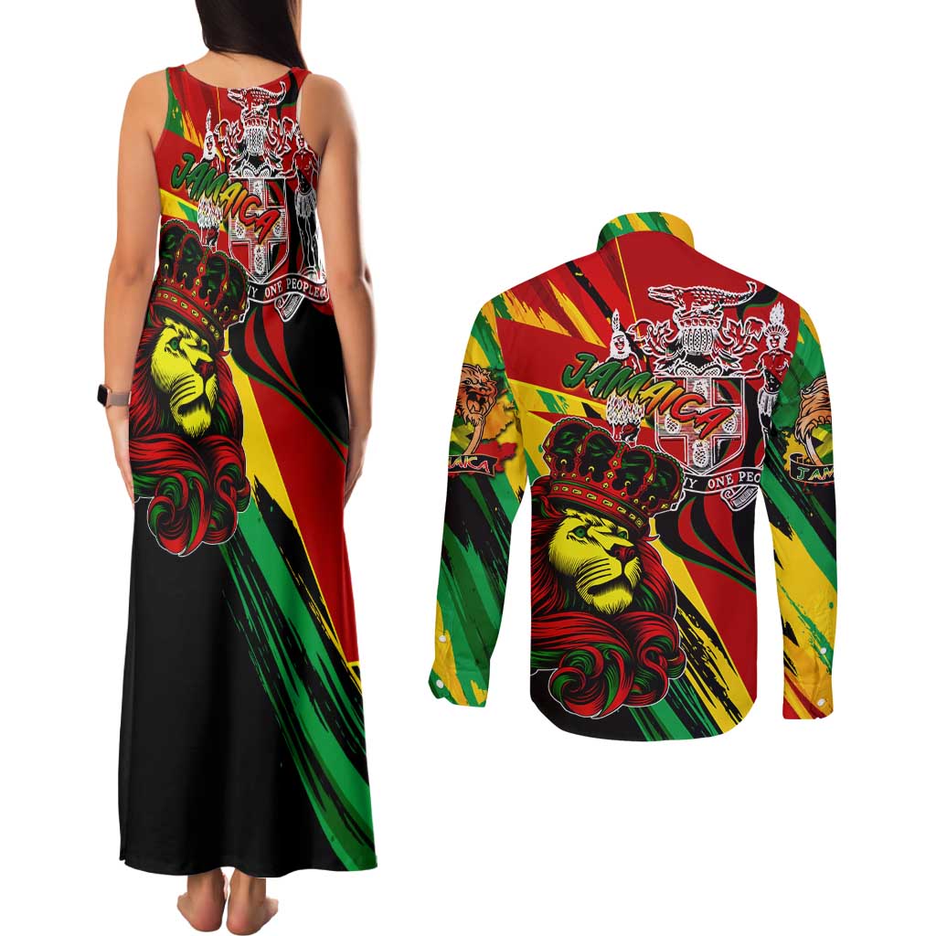 Jamaica Lion Couples Matching Tank Maxi Dress and Long Sleeve Button Shirt Coat Of Arms Rastafarianism