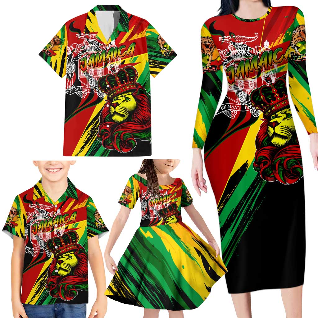 Jamaica Lion Family Matching Long Sleeve Bodycon Dress and Hawaiian Shirt Coat Of Arms Rastafarianism