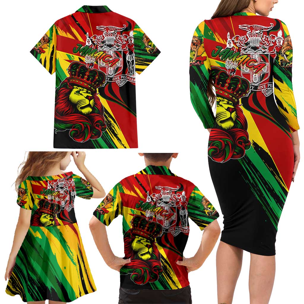 Jamaica Lion Family Matching Long Sleeve Bodycon Dress and Hawaiian Shirt Coat Of Arms Rastafarianism