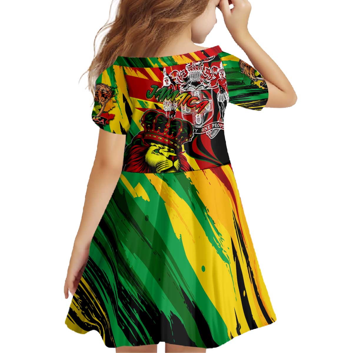 Jamaica Lion Family Matching Off The Shoulder Long Sleeve Dress and Hawaiian Shirt Coat Of Arms Rastafarianism