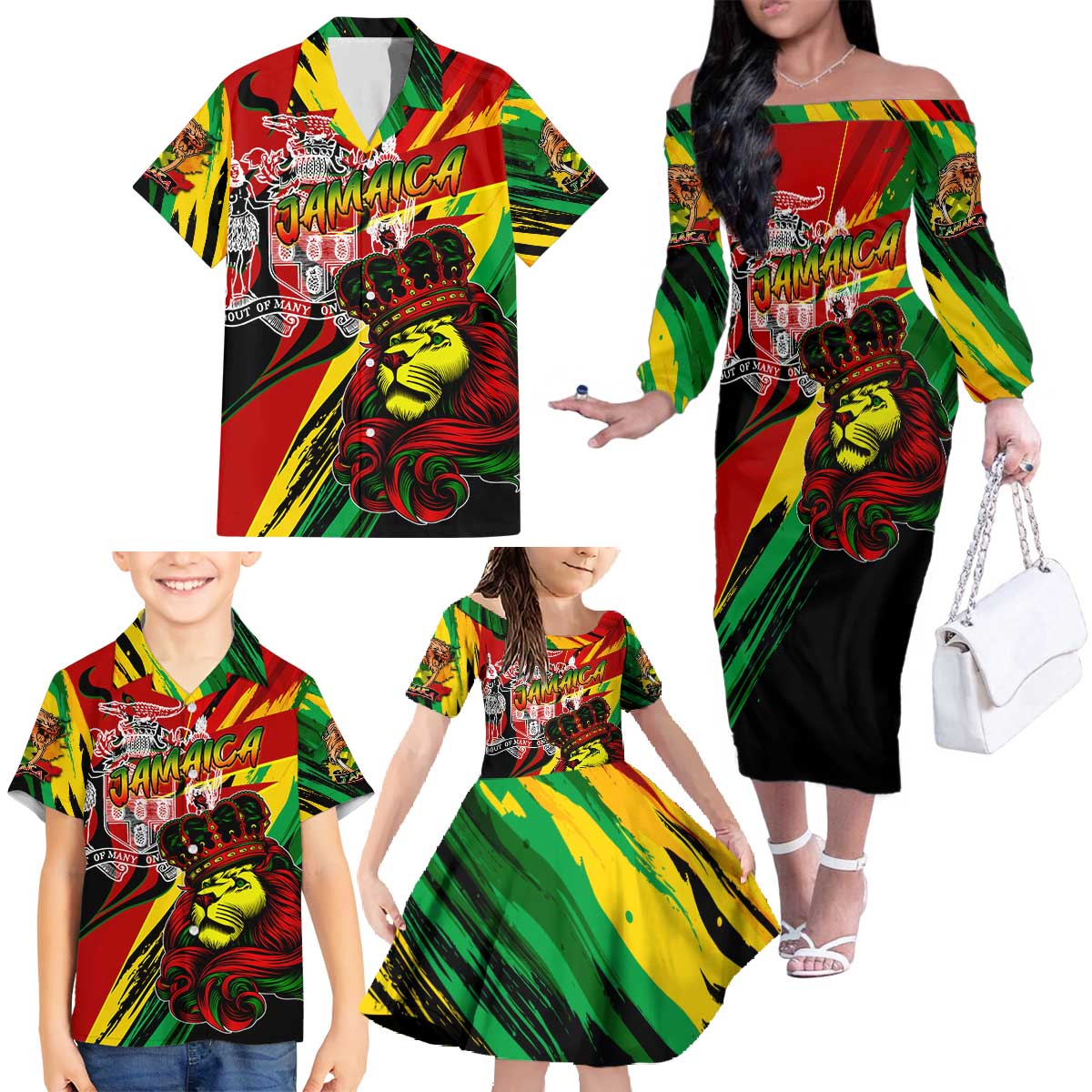 Jamaica Lion Family Matching Off The Shoulder Long Sleeve Dress and Hawaiian Shirt Coat Of Arms Rastafarianism