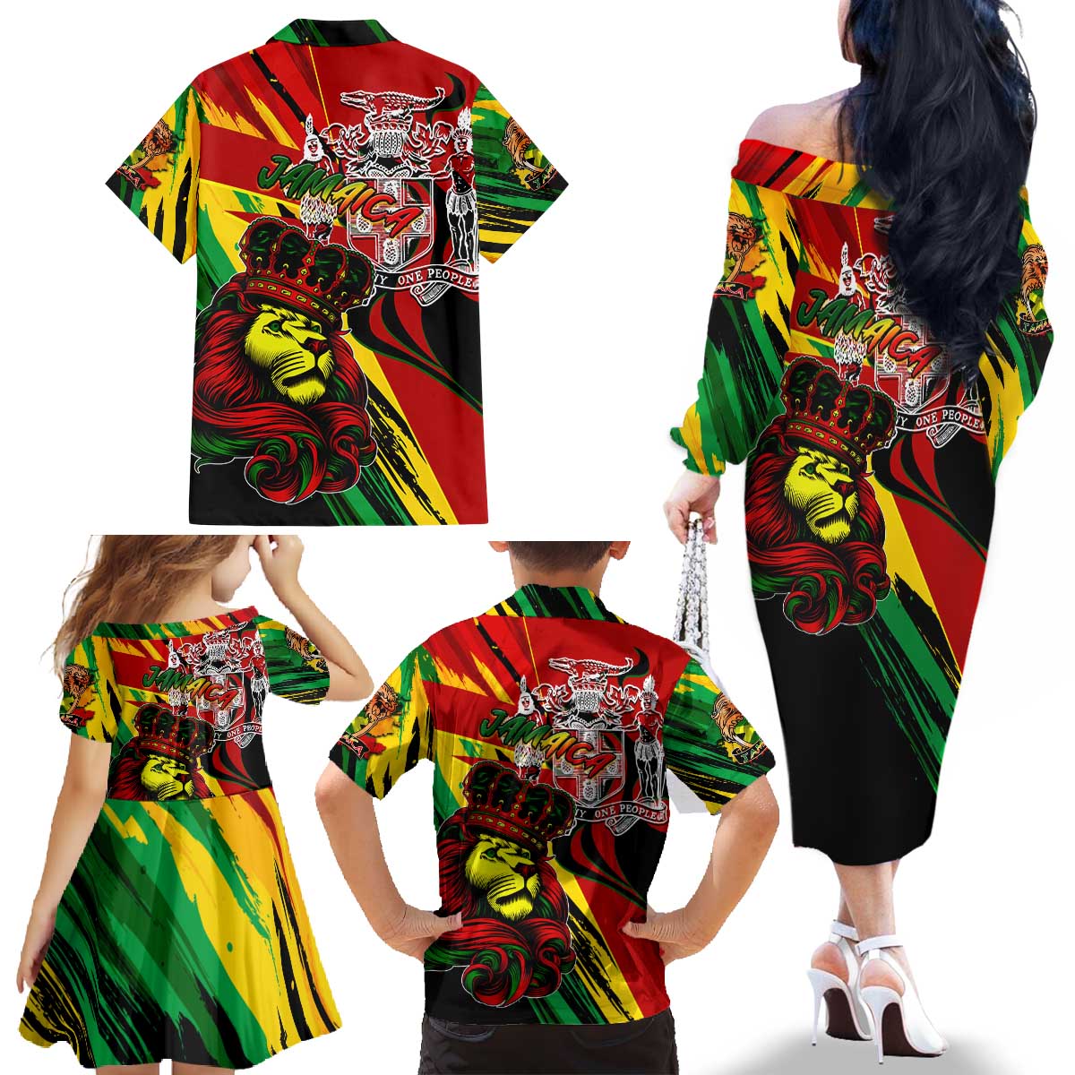 Jamaica Lion Family Matching Off The Shoulder Long Sleeve Dress and Hawaiian Shirt Coat Of Arms Rastafarianism