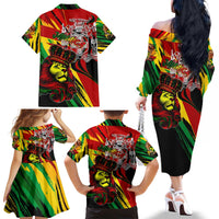 Jamaica Lion Family Matching Off The Shoulder Long Sleeve Dress and Hawaiian Shirt Coat Of Arms Rastafarianism