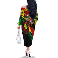 Jamaica Lion Family Matching Off The Shoulder Long Sleeve Dress and Hawaiian Shirt Coat Of Arms Rastafarianism