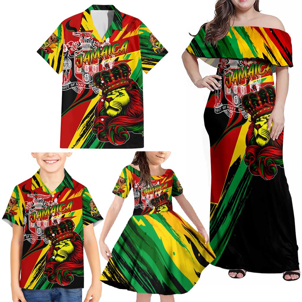 Jamaica Lion Family Matching Off Shoulder Maxi Dress and Hawaiian Shirt Coat Of Arms Rastafarianism