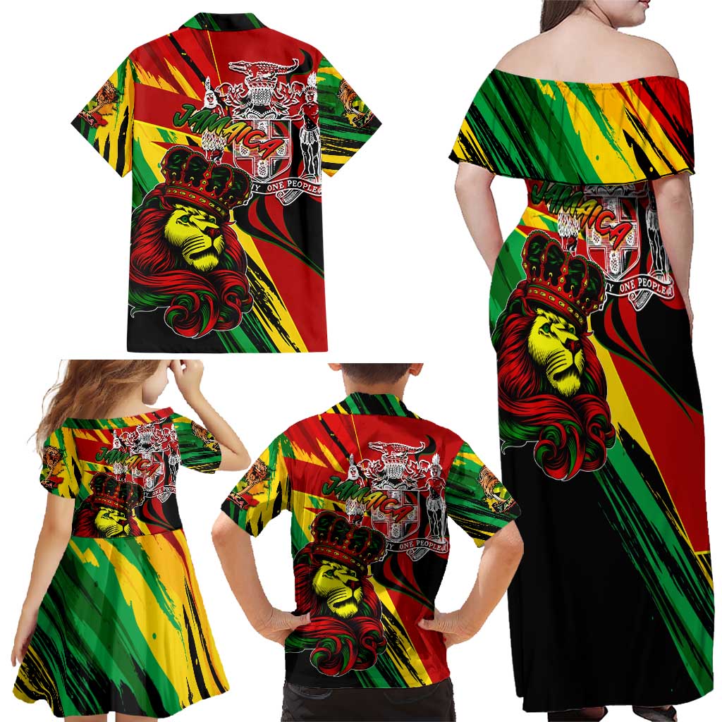 Jamaica Lion Family Matching Off Shoulder Maxi Dress and Hawaiian Shirt Coat Of Arms Rastafarianism